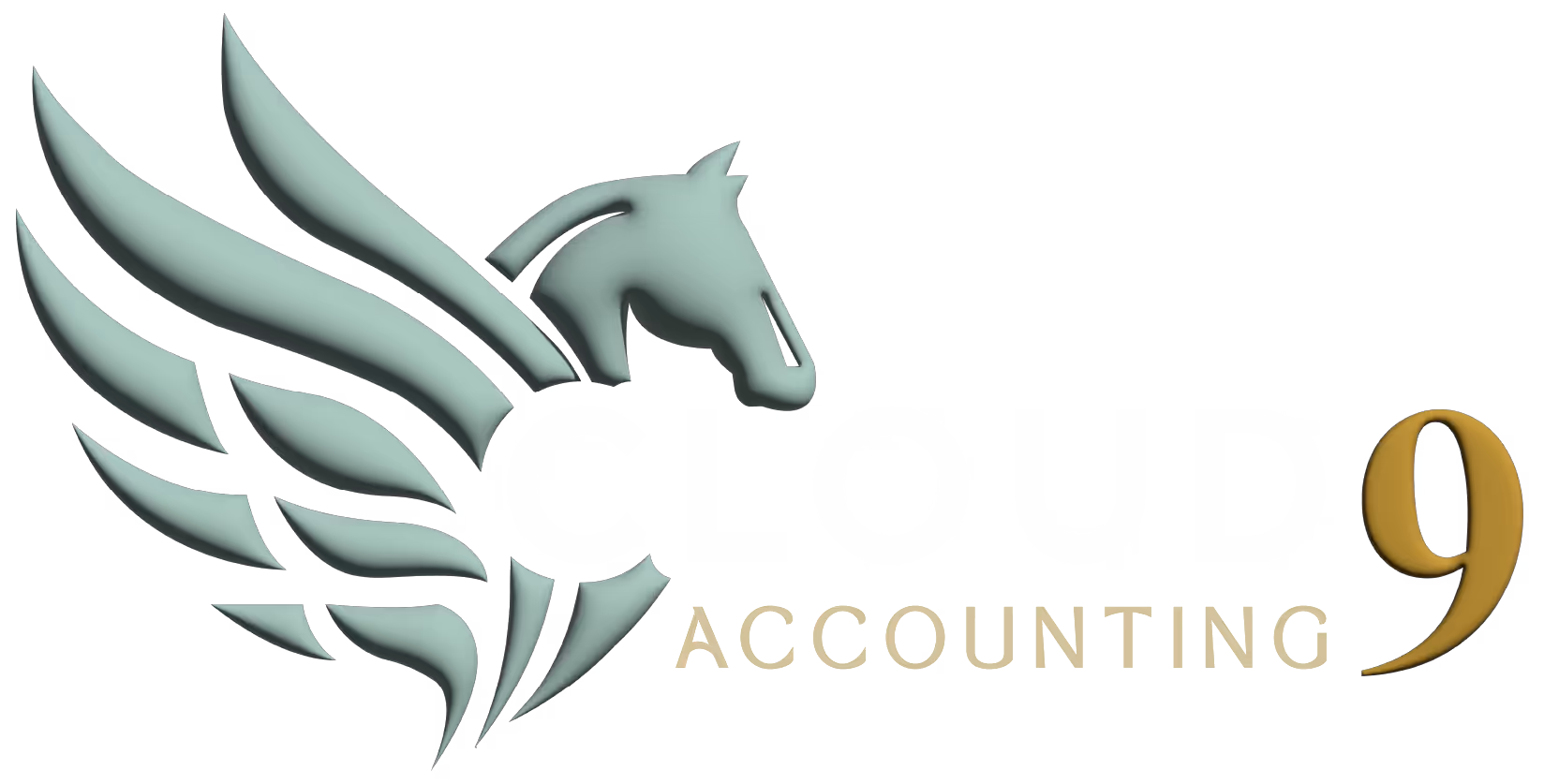 Logo with stylized mint green horse head and mane, accompanied by the word 'ACCOUNTING' and a large gold number 9.